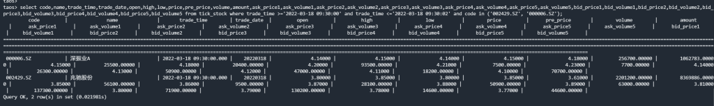 下图为查询某两支股票在某个时间范围内的 tick 数据。